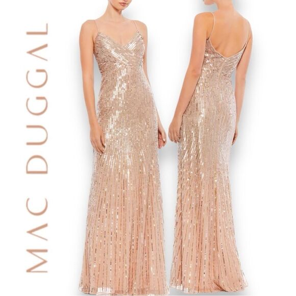 MAC DUGGAL Women’s Sequined Spaghetti Straps Gown in the Size 12 in Gold Color - Picture 1 of 11